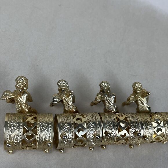 VTG 8pc Gold Tone Metal Angel Playing Violin Filigree Napkin Ring Holder Signed‎ - Picture 11 of 16